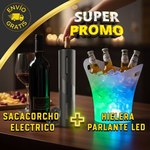 Combo Hielera Parlante Led + Sacacorchos Eléctrico